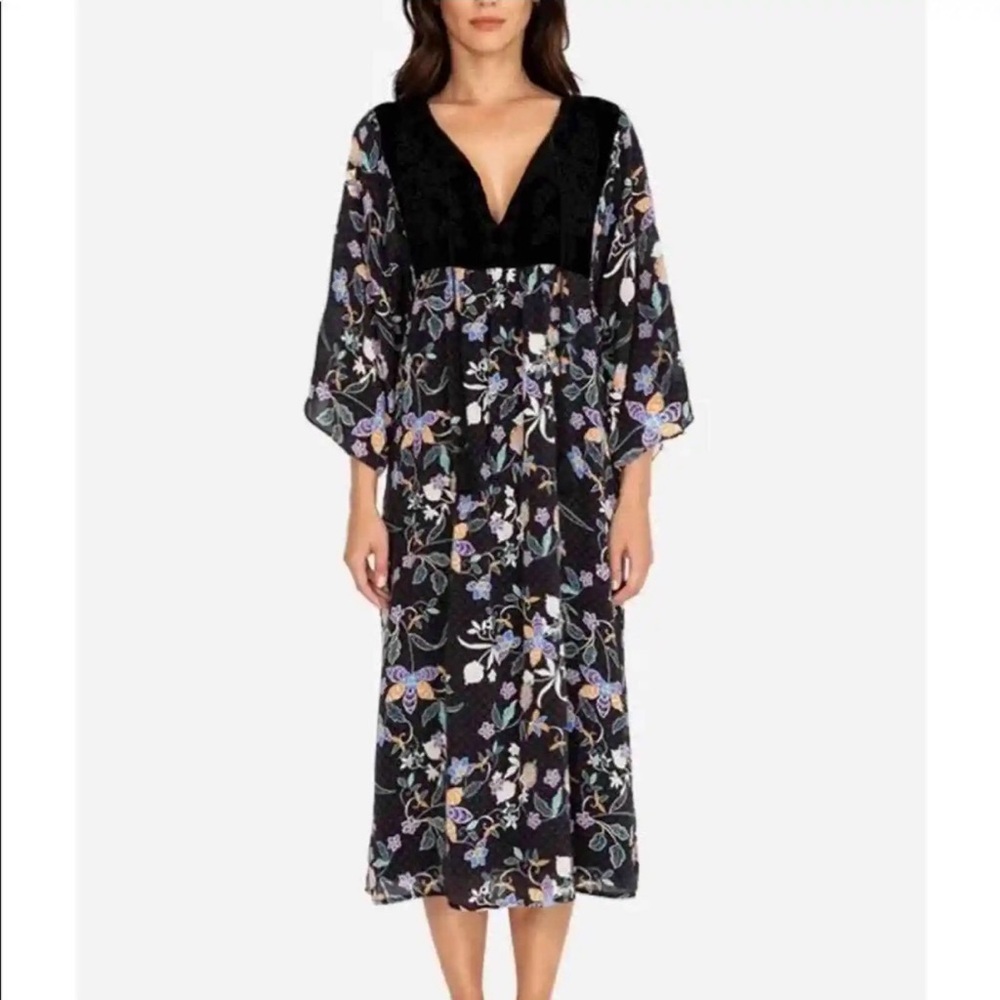 JOHNNY WAS Jade Silk Black Velvet Floral Print REMI YOKE Midi Dress Boho S M